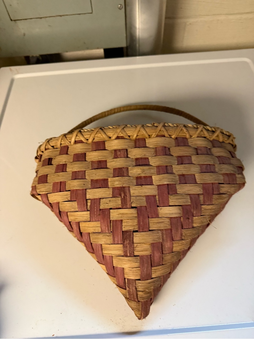 Vintage Hand Crafted Triangular Woven Wall Basket with Burgundy Accents Country
